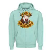 Seafoam hereford cow with sunflowers Zipper Hoodie - RanaPortraitStore