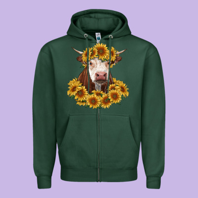 Hereford Cow With Sunflowers Zipper Hoodie Designed By Ranaportraitstore