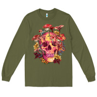Army Green Floral skeleton with mushrooms Long Sleeve Tee - RanaPortraitStore