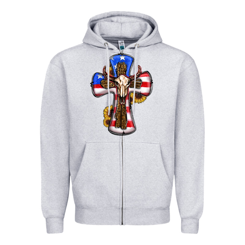 American Flag Cross Cow Skull Sunflowers Zipper Hoodie by RanaPortraitStore | Teevron