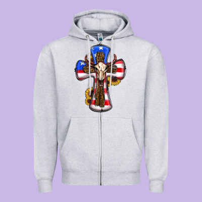 American Flag Cross Cow Skull Sunflowers Zipper Hoodie Designed By Ranaportraitstore