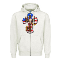 Oatmeal Heather american flag cross cow skull sunflowers Zipper Hoodie - RanaPortraitStore