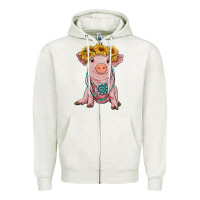 Oatmeal Heather sunflower pig with gemstone Zipper Hoodie - RanaPortraitStore