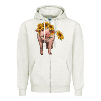 Oatmeal Heather pig with sunflowers Zipper Hoodie - RanaPortraitStore