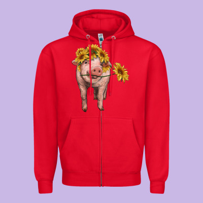 Pig With Sunflowers Zipper Hoodie Designed By Ranaportraitstore