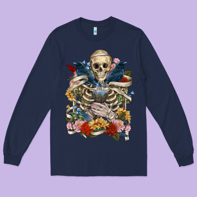 Long Sleeve Tee Flower Boho Skull Skeleton