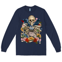 Navy Flower Boho Skull Skeleton Long Sleeve Tee - RanaPortraitStore