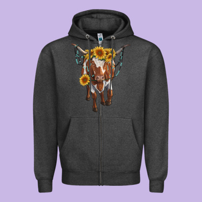 Longhorn Cow With Sunflowers Zipper Hoodie Designed By Ranaportraitstore