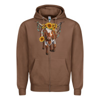 Chestnut longhorn cow with sunflowers Zipper Hoodie - RanaPortraitStore