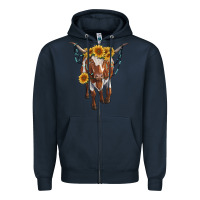 Navy longhorn cow with sunflowers Zipper Hoodie - RanaPortraitStore