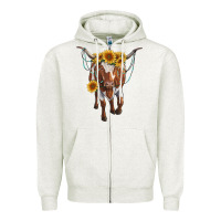 Oatmeal Heather longhorn cow with sunflowers Zipper Hoodie - RanaPortraitStore