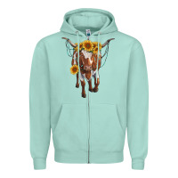 Seafoam longhorn cow with sunflowers Zipper Hoodie - RanaPortraitStore