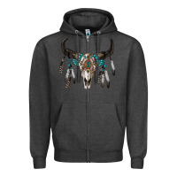 Charcoal Heather boho bull skull Zipper Hoodie - RanaPortraitStore