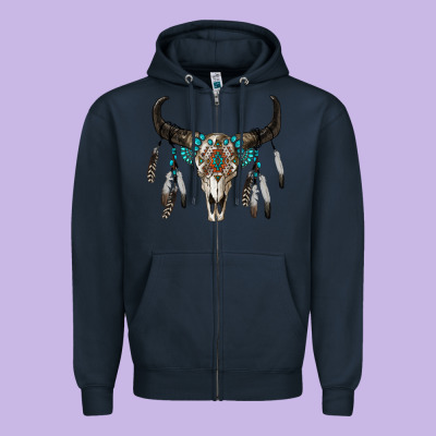 Boho Bull Skull Zipper Hoodie Designed By Ranaportraitstore