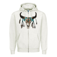 Oatmeal Heather boho bull skull Zipper Hoodie - RanaPortraitStore