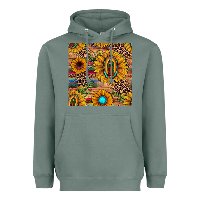Our Lady Of Guadalupe Sunflower  Seamless Pattern Heavyweight Hoodie by JahusDesignShop | Teevron