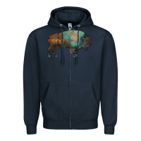 Navy aztec bison Zipper Hoodie - RanaPortraitStore