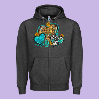 Western Turquoise Hearts Zipper Hoodie Designed By Zillion Design Studio