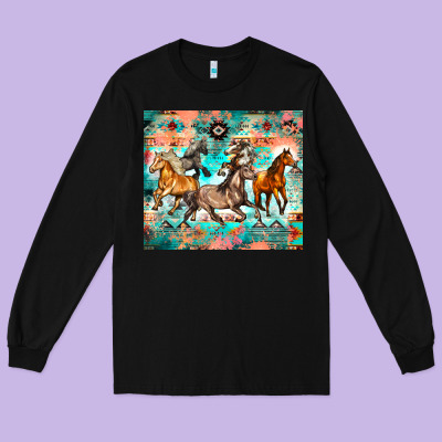 Western Running Horses Long Sleeve Tee Designed By Zillion Design Studio