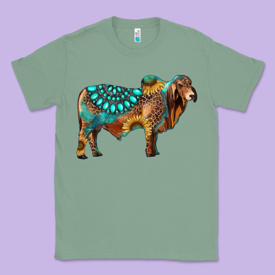 Brahman Bull Gemstone Turquoise And Sunflower Classic Tee Designed By Ranaportraitstore