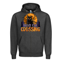 Charcoal Heather Black Cat Crossing Zipper Hoodie - texasbilliewilder