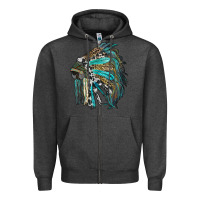 Charcoal Heather indian feather headdress with western  patterns Zipper Hoodie - RanaPortraitStore