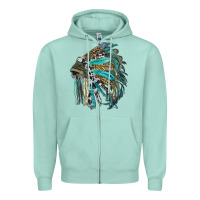 Seafoam indian feather headdress with western  patterns Zipper Hoodie - RanaPortraitStore