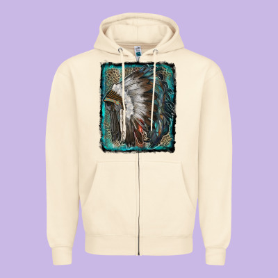 Indian Feather Headdress With Leopard Background Zipper Hoodie Designed By Ranaportraitstore