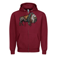 Burgundy bison with indian headdress Zipper Hoodie - RanaPortraitStore