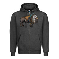 Charcoal Heather bison with indian headdress Zipper Hoodie - RanaPortraitStore
