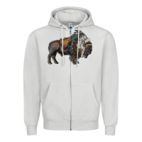Dove Grey bison with indian headdress Zipper Hoodie - RanaPortraitStore