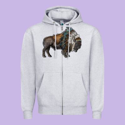 Bison With Indian Headdress Zipper Hoodie Designed By Ranaportraitstore