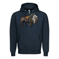 Navy bison with indian headdress Zipper Hoodie - RanaPortraitStore