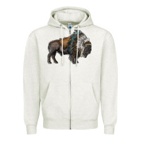 Oatmeal Heather bison with indian headdress Zipper Hoodie - RanaPortraitStore