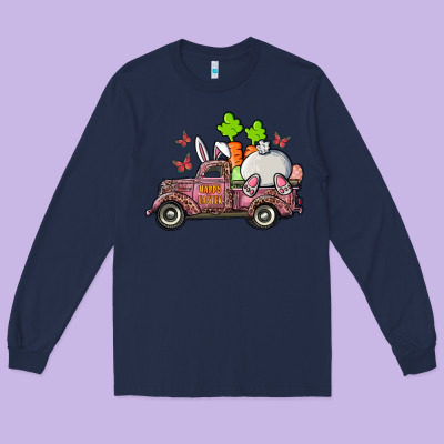 Long Sleeve Tee happy easter pink truck with bunny
