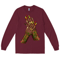 Burgundy juneteenth nail art with afro hand Long Sleeve Tee - texasbilliewilder