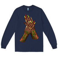Navy juneteenth nail art with afro hand Long Sleeve Tee - texasbilliewilder