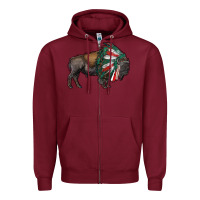 Burgundy mexican bison with indian headdress Zipper Hoodie - RanaPortraitStore