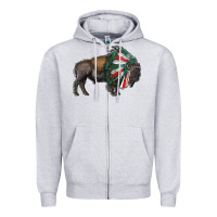 Heather Grey mexican bison with indian headdress Zipper Hoodie - RanaPortraitStore