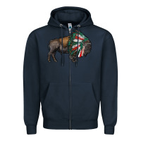 Navy mexican bison with indian headdress Zipper Hoodie - RanaPortraitStore