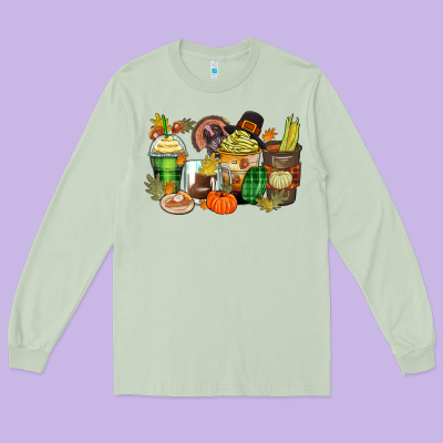 Thanksgiving Coffee Cups Long Sleeve Tee Designed By Zillion Design Studio