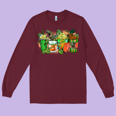 T Rex Coffee Cups Long Sleeve Tee Designed By Zillion Design Studio