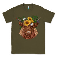 Army Green highland cow with sunflowers Classic Tee - RanaPortraitStore