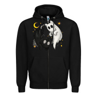 Black Ghost Cats with Balance Halloween Zipper Hoodie - texasbilliewilder