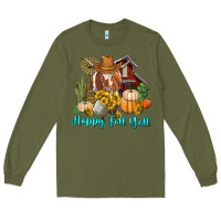 Army Green Happy Fall Y'all Longhorn Cow Long Sleeve Tee - RanaPortraitStore