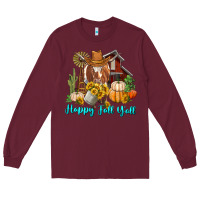 Burgundy Happy Fall Y'all Longhorn Cow Long Sleeve Tee - RanaPortraitStore