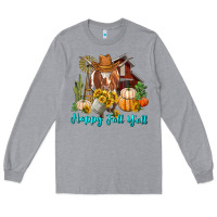 Heather Grey Happy Fall Y'all Longhorn Cow Long Sleeve Tee - RanaPortraitStore