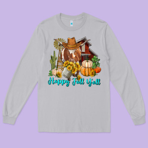 Happy Fall Y'all Longhorn Cow Long Sleeve Tee Designed By Ranaportraitstore