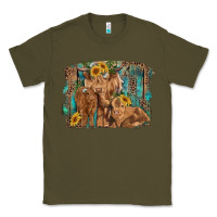Army Green highland cow family cattle and calf with sunflower and turquoise backg Classic Tee - RanaPortraitStore