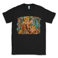 Black highland cow family cattle and calf with sunflower and turquoise backg Classic Tee - RanaPortraitStore